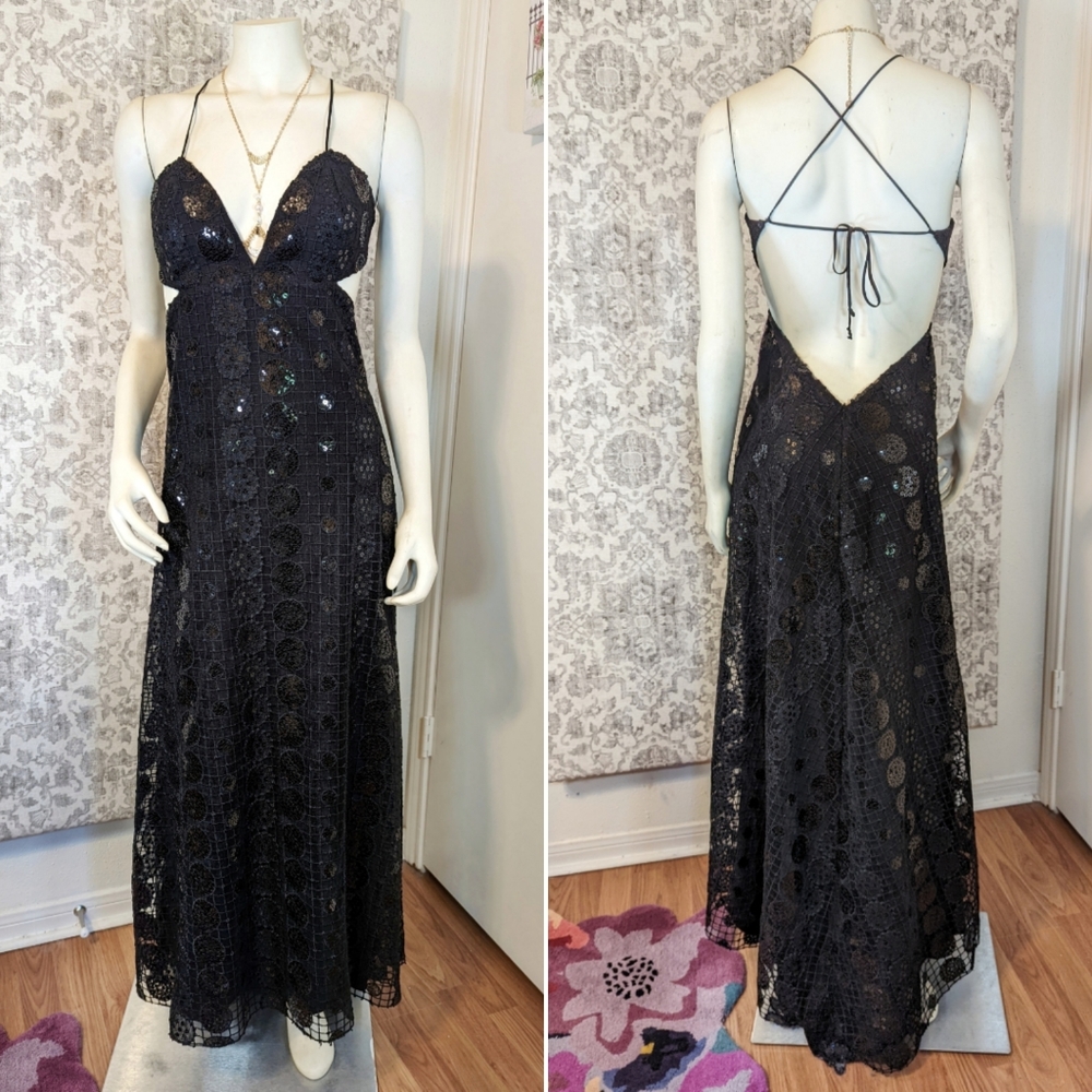 Whimsigoth Vintage Black Sequin High Low Backless Lace Dress